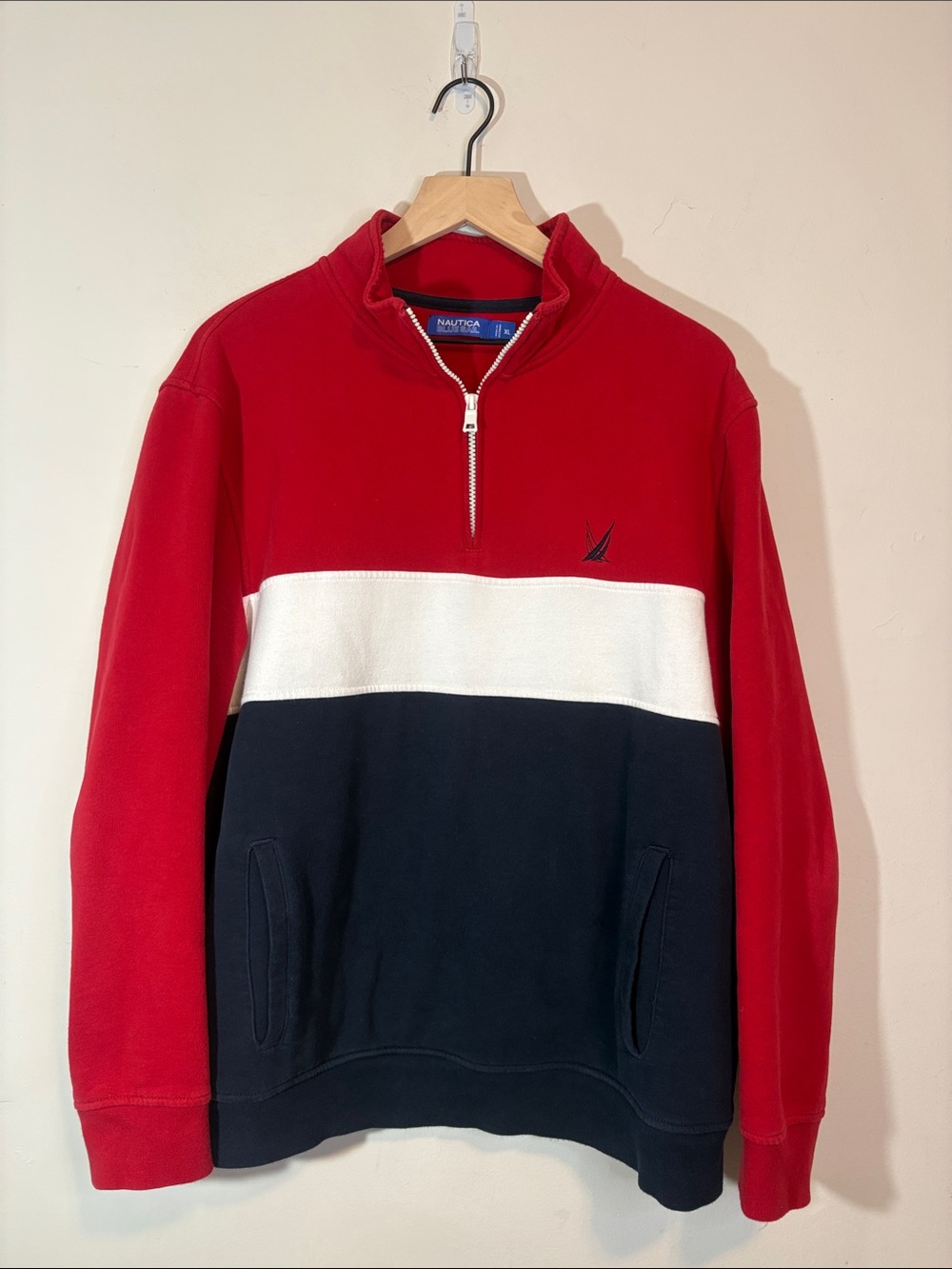 Nautica Men's Logo Colorblock Quarter Zip Sweatshirt Red White and Blue Navy XL